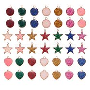 42Pcs Alloy Enamel Pendants, with Glitter Powder, for Jewelry Necklace Bracelet Earring Making Crafts, Heart & Star & Flat Round, Golden, 14x14mm, Hole: 2mm(JX184A)