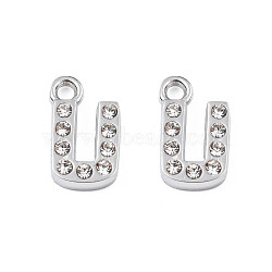 304 Stainless Steel Charms, with Crystal Rhinestone, Letter, Letter.U, 10~10.5x2~8x2mm, Hole: 1.2mm(STAS-N095-137U)