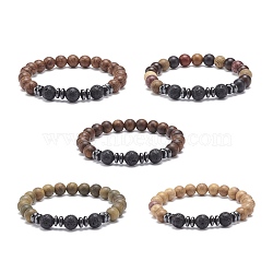 Natural Lava Rock & Wood Beaded Stretch Bracelet, Essential Oil Gemstone Jewelry for Women, Mixed Color, Inner Diameter: 2-1/8 inch(5.4cm), Beads: 8mm(BJEW-JB08536)