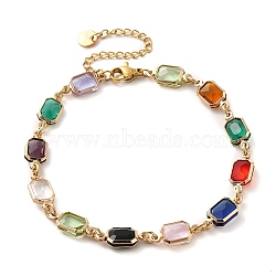 Colorful Glass Link Chain Bracelets, with Golden Brass Chains, Rectangle, 10 inch(25.4cm), 61mm extender(BJEW-B075-06)