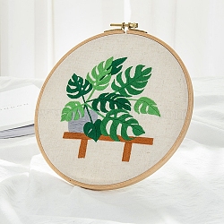 Monstera Leaf Pattern DIY Embroidery Beginner Kit, including Embroidery Needles & Thread, Cotton Linen Fabric, Dark Green, 27x27cm(DIY-P077-018)
