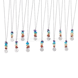 12Pcs 12 Constellations & Natural Mixed Gemstone Chips Pendant Necklaces Set, Stainless Steel Jewelry for Women, Mixed Shapes, 17.44 inch(44.3cm), 1Pc/style(NJEW-JN04282)