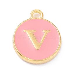 Golden Plated Alloy Enamel Charms, Enamelled Sequins, Flat Round with Alphabet, Letter.V, Pink, 14x12x2mm, Hole: 1.5mm(ENAM-Q437-14V)