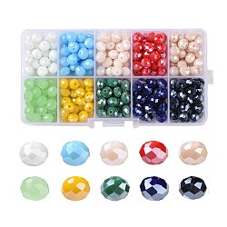 Electroplate Glass Beads, Pearl Luster Plated, Faceted, Rondelle, Mixed Color, 8x6mm, Hole: 1mm, 10 colors, 30pcs/color, 300pcs/box(EGLA-X0006-01F-8mm)