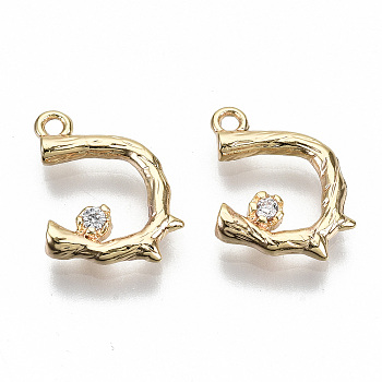 Brass Micro Clear Cubic Zirconia Charms, Nickel Free, Branch, Real 18K Gold Plated, 12x10x2mm, Hole: 1.2mm