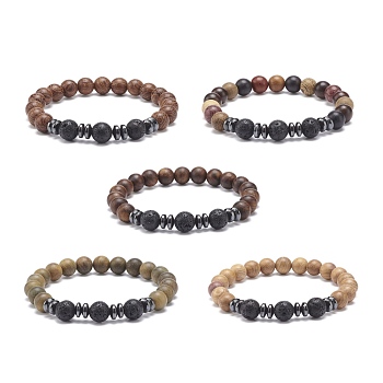 Natural Lava Rock & Wood Beaded Stretch Bracelet, Essential Oil Gemstone Jewelry for Women, Mixed Color, Inner Diameter: 2-1/8 inch(5.4cm), Beads: 8mm