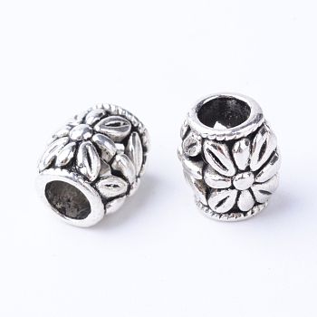 Tibetan Style Alloy European Beads, Large Hole Beads, Barrel with Flower, Cadmium Free & Nickel Free & Lead Free, Antique Silver, 10~11x8.5~9mm, Hole: 5mm, about 530pcs/1000g