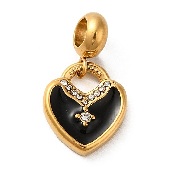 Ion Plating(IP) 304 Stainless Steel Enamel European Dangle Charms, Large Hole Pendants with Crystal Rhinestone, Heart, Golden, Black, 25mm, Pendant: 16x14x3mm, Hole: 4.5mm
