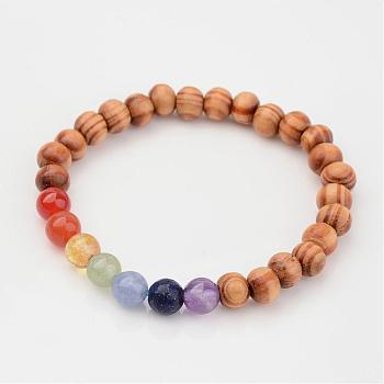 Wood Beaded Kids Stretch Bracelets, with Natural Gemstone Beads, BurlyWood, 45mm