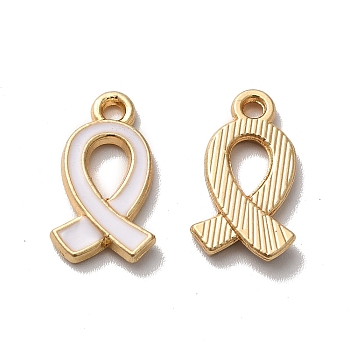 Alloy Enamel Pendants, Golden, Awareness Ribbon Charm, White, 17x10x2mm, Hole: 1.6mm