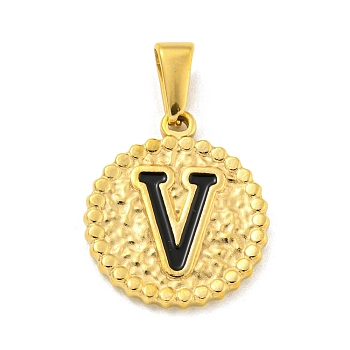 Ion Plating(IP) 304 Stainless Steel Enamel Pendants, Golden, Flat Round with Letter Charm, Letter V, 21x18x2mm, Hole: 8x3.5mm
