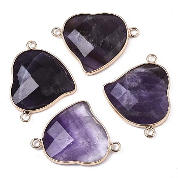 Natural Amethyst Links Connectors, with Edge Light Gold Plated Brass Findings, Faceted, Heart, 26x34.5x6mm, Hole: 3mm