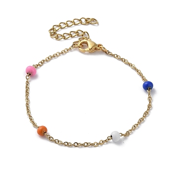 Vacuum Plating Golden 304 Stainless Steel Cable Chain Bracelet with Enamel Rondelle Beaded, Satellite Chains Bracelet, Colorful, 6-1/4 inch(16cm)