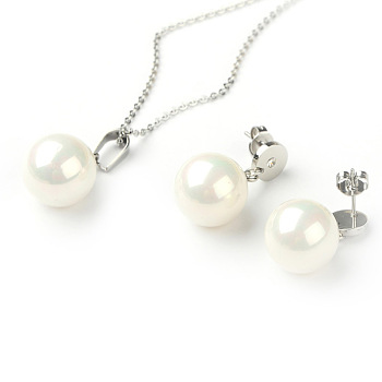 Valentines Gift for Her 2015 316L Surgical Stainless Steel Jewelry Sets, Necklaces and Ear Studs, with Shell Pearl Beads, Stainless Steel Color, 17.3 inch, 19x14mm, Pin: 0.7mm