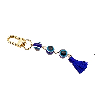 Handmade Evil Eye Lampwork Beads Pendant Decorations, with Metal Clasp and Tassel Pendant, Blue, 105~115mm