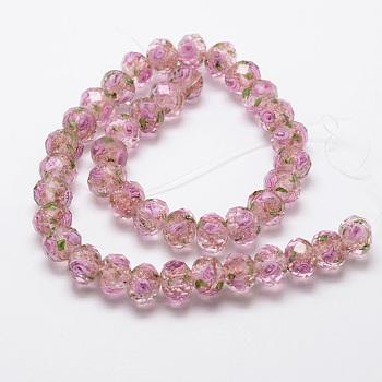Handmade Gold Sand Lampwork Rondelle Beads Strands, Faceted, Pearl Pink, 10x7mm, Hole: 2mm, about 50pcs/strand, 13.77 inch