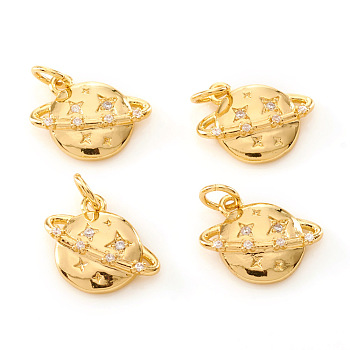 Brass Micro Pave Cubic Zirconia Universe Space Charms, with Jump Rings, Planet, Clear, Real 18K Gold Plated, 13x13.5x3.5mm, Jump Ring: 5x0.8mm, Hole: 3.5mm