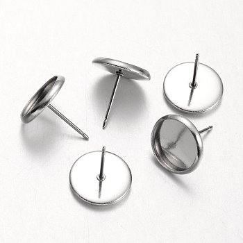 100Pcs Flat Round 304 Stainless Steel Stud Earring Settings, Stainless Steel Color, 12mm, Pin: 0.7mm, 100pcs