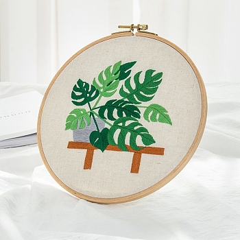 Monstera Leaf Pattern DIY Embroidery Beginner Kit, including Embroidery Needles & Thread, Cotton Linen Fabric, Dark Green, 27x27cm