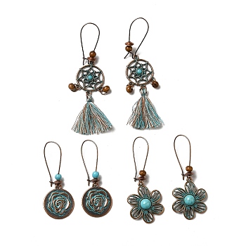 3 Pairs 3 Style Woven Net & Flower Alloy Dangle Earrings Set, Wood & Resin Beaded Long Drop Earrings for Women, Red Copper & Green Patina, 53~84mm, Pin: 0.8mm, 1 Pair/style