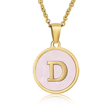 Natural Shell Initial Letter Pendant Necklace, with Golden Stainless Steel Cable Chains, Letter D, 17.72 inch(45cm)