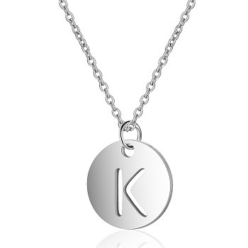 201 Stainless Steel Initial Pendants Necklaces, with Cable Chains, Flat Round with Letter, Stainless Steel Color, Letter.K, 16.3 inch(40cm), 1mm
