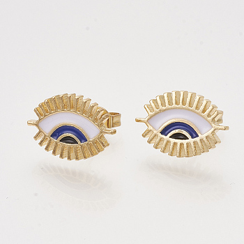 Brass Stud Earrings, with Enamel and Ear Nuts, Eye, Golden, Blue, 10x15mm, Pin: 0.7mm