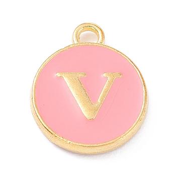 Golden Plated Alloy Enamel Charms, Enamelled Sequins, Flat Round with Alphabet, Letter.V, Pink, 14x12x2mm, Hole: 1.5mm