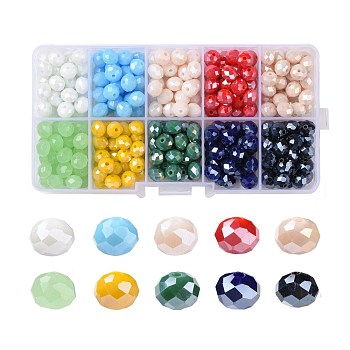 Electroplate Glass Beads, Pearl Luster Plated, Faceted, Rondelle, Mixed Color, 8x6mm, Hole: 1mm, 10 colors, 30pcs/color, 300pcs/box
