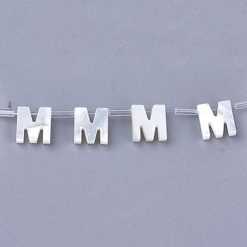 Natural Sea Shell Beads, White Shell Mother of Pearl Shell, Top Drilled Beads, Letter.M, 10x2.5~11.5x3mm, Hole: 0.8mm