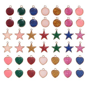 42Pcs Alloy Enamel Pendants, with Glitter Powder, for Jewelry Necklace Bracelet Earring Making Crafts, Heart & Star & Flat Round, Golden, 14x14mm, Hole: 2mm