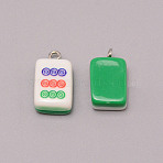 Resin Pendants, with Iron Finding, Imitation Mahjong Tiles, Green, Rectangle, Nine of Dots, 19.5~20.5x11.5x7~7.5mm, Hole: 2mm(RESI-WH0025-09)