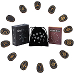 Wood Witch Runes, Engraved Gypsy Symbol for Meditation Divination, with Drawstring Storage Cloth Bag & Triple Moon Goddess Pattern Box, Black, Wood Rune: 35x25x4mm, 14pcs(AJEW-DC0002-03)