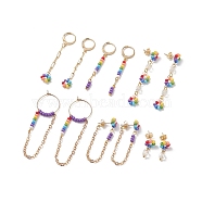Glass Seed Beads Earring Sets for Women, Hoop Earring, Flower Dangle Brass Cable Chains Earrings, Mixed Color, 19~91mm, Pin: 0.8~0.9mm, 6 pairs/set(EJEW-JE05060)