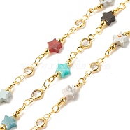 Brass Glass Oval Link Chains, with Natural Mixed Stone Star Beaded, Long-Lasting Plated, Soldered, with Spool, Colorful, 10x4.5x2mm, 17~20x6mm(CHC-E024-03G)
