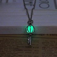 Opened Hollow Alloy Luminous Pendant Necklace, Key, Green, 8.27~19.69 inch(21~50cm)(PW-WG57856-01)