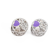 Rack Plating Alloy Enamel European Beads, with Crystal Rhinestone, Large Hole Beads, Cadmium Free & Nickel Free & Lead Free, Flat Round with Heart, Platinum, Blue Violet, 11x9mm, Hole: 5mm(MPDL-N039-133-03)