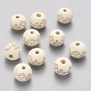 Painted Natural Wood Beads, Laser Engraved Pattern, Round with Flower Pattern, Creamy White, 10x9mm, Hole: 3mm(WOOD-N006-03A-09)