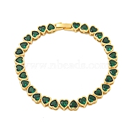 Rack Plating Brass Pave Cubic Zirconia Heart Link Bracelets, Long-Lasting Plated, Lead Free & Cadmium Free, Real 18K Gold Plated, Green, 7-5/8 inch(19.5cm)(BJEW-Q347-05G-01)