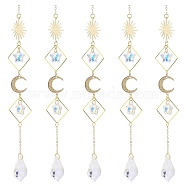 Electroplate Glass Star & Teardrop Window Hanging Suncatchers, Golden Brass Sun & Moon Pendants Decorations Ornaments, Clear AB, 220x28mm(HJEW-JM00850)