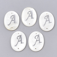 Freshwater Shell Links connectors, with Brass Findings, Oval with Letter, Platinum, Letter.A, 25.5x19x3mm, Hole: 1.2mm(SHEL-S274-23A-P)