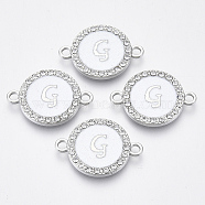 Alloy Enamel Links Connectors, with Crystal Rhinestones, Flat Round with Letter, Silver Color Plated, Letter.G, 22x16x2mm, Hole: 1.8mm(ENAM-TAC0003-01S-04G)