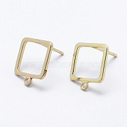 Brass Stud Earring Findings, with Loop, Long-Lasting Plated, Real 18K Gold Plated, Nickel Free, Square, 12x10x1mm, Hole: 1mm, Pin: 0.8mm(X-KK-F728-28G-NF)