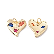 Rack Plating Brass Micro Pave Colorful Cubic Zirconia Pendants, with Jump Ring, Cadmium Free & Nickel Free & Lead Free, Heart, Real 18K Gold Plated, 16x17x2mm, Jump Ring: 5x0.6mm, Inner Diameter: 3.8mm(ZIRC-C040-37G)