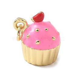 Brass Enamel Pendants, with Jump Ring, Cake Charms, Lead Free & Cadmium Free, Long-Lasting Plated, Real 18K Gold Plated, Rack Plating, Deep Pink, 12x14.5x11mm, Hole: 3.2mm(X-KK-L239-045G-02)
