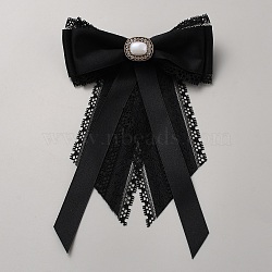 Bowknot Polyester Gauze Brooch, with Alloy & Plastic Pearl Findings, Black, 195x120x17.5mm(AJEW-WH20006-14B)