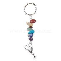 Tibetan Style Zinc Alloy Keychains, with Synthetic & Natural Mixed Gemstone and Iron Split Key Rings, Scissor, 8.7cm, Scissor: 66x15x3mm(KEYC-JKC00728-01)