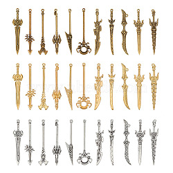 66Pcs 3 Colors Zinc Alloy Pendants Set, Sword Shape, Mixed Color, 59~59.5x9~18.5x2.5~5.5mm, Hole: 1.6mm, 2pcs/color(FIND-GL0001-28)