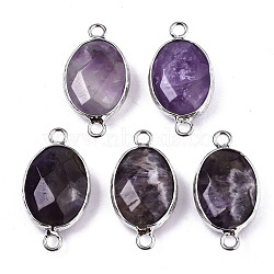 Natural Amethyst Links/Connectors, Platinum Tone Brass Edge, Faceted Oval, 27.5x14~15x6mm, Hole: 2mm(G-T131-102-19)