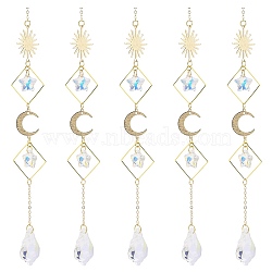 Electroplate Glass Star & Teardrop Window Hanging Suncatchers, Golden Brass Sun & Moon Pendants Decorations Ornaments, Clear AB, 220x28mm(HJEW-JM00850)